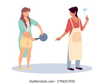 women with kitchen utensils on white background vector illustration design