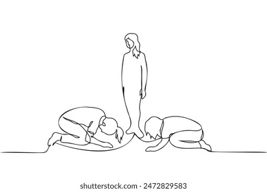 women knelt in a low bow with their heads to the floor in front of the woman standing in the center - one line art vector. female crush concept, influencer, sectarianism, hierarchy. Handmade vector