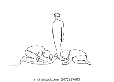 women knelt in a low bow with their heads to the floor in front of a man standing in the center - one line art vector. concept choose me, idolatry, sectarianism. Handmade vector not AI