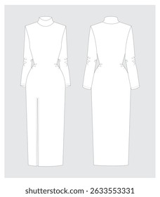 Women knit dress design flat sketch fashion illustration with front and back view, long sleeve tdress drawing vector template