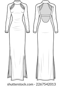 women knitted long sleeve high neck backless maxi dress flat sketch vector technical cad drawing template