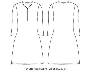 Women kurta Dress tunic technical fashion illustration with elbow sleeves, Flat apparel front, back,