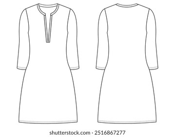 Ilustración técnica de la moda de la túnica del vestido de las mujeres con las mangas del codo, frente plano de la ropa, parte posterior,