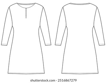 Women kurta Dress tunic technical fashion illustration with elbow sleeves, Flat apparel front, back,