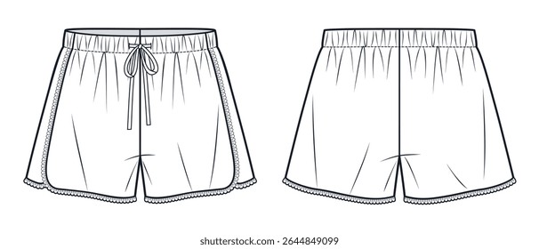 Women Lace Trim Shorts Technical Fashion Sketch.  Short Pants fashion flat technical drawing template, elastic waistband, front and back view, white, women, men, unisex CAD mockup.