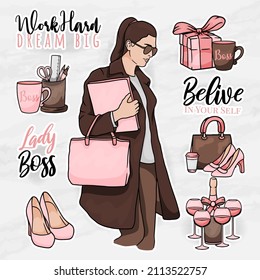 women lady boss different pose with cute sticker elements 