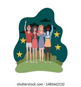 women with landscape background and stars on a night sky