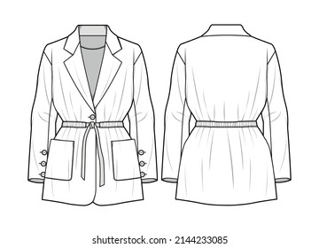 Women Lapel Neck Drawstring Waist Blazer, Gathered Waist Blazer Front and Back View fashion illustration vector, CAD, technical drawing, flat drawing.	