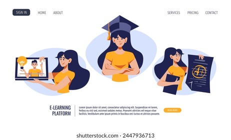 Women with laptop, exam with great grade mark, graduation cap. Vector illustration for banner, website. Online education, e-learning, university, college, studying, student concept.