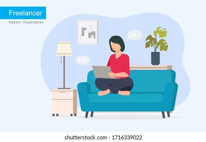 Women with laptop on the sofa. Freelance or studying concept. Cute illustration in flat style.