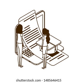women with laptop and sheets of paper on white background