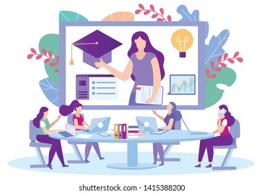 Women with Laptop Sitting at Table in front Monitor. Woman Teacher Gives Online Lecture. Distance Learning. Lesson Online. E-Learning. New Technologies. Vector Illustration. Teacher on Monitor Screen.
