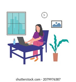 Women with laptop work from home illustration flat design