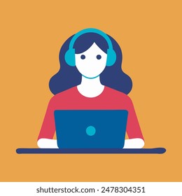 a women with laptop working with headphones, vector, modern illustration