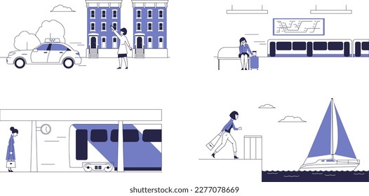 Women late for transport. Set of vector scenes.