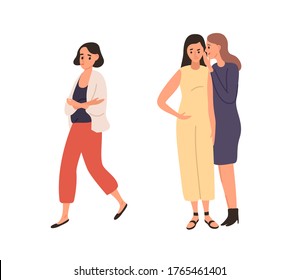 Women laughing and gossiping about female vector flat illustration. Smiling girl talking and whispering behind lonely friend isolated on white. Depressed person feeling bullying from two woman