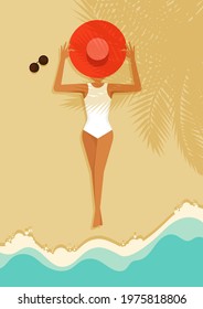 A women laying down on beautiful beach. Summer time and happy holiday concept flat design style. Can be used for print, publication, brochure, backdrop, leaflet, flyer, banner, vector illustration