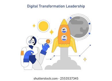 Women Leaders concept. Female astronaut launches a rocket symbolizing the acceleration of digital transformation. Leadership in technology advancement. Vector illustration.