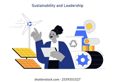 Women Leaders concept. Female professional embraces sustainable energy development. Leadership, green technology, and innovation. Vector illustration.
