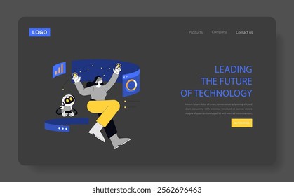 Women Leaders concept. Female professional interacting with futuristic interface, accompanied by a robot, representing innovative leadership. Vector illustration.