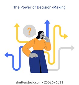 Women Leaders concept. Strategic decision-making scene with contemplative female figure and choice pathways. Corporate leadership challenges. Vector illustration.