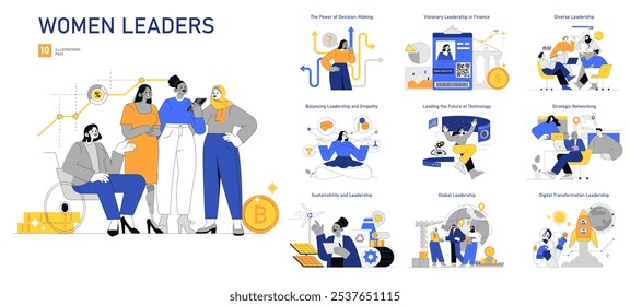 Women Leaders set. Illustrations showcasing female empowerment across various industries and leadership roles in modern settings. Vector illustration.