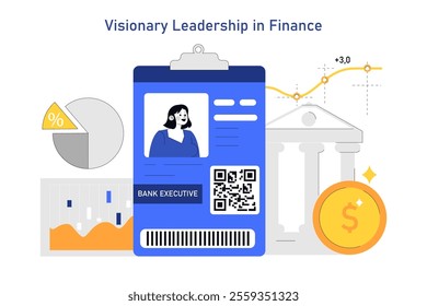 Women Leadership in Finance concept. Illustration of female bank executive with financial graphs, pie chart, and banking symbols. Leadership, finance, and equality themes. Vector illustration.