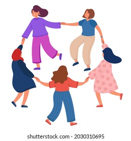 Mujeres dando vueltas bailando sobre fondo blanco. Ilustración vectorial plana. Chicas con diferentes colores de cabello y ropa moviéndose en círculo, tomándose de la mano. Danza, feminidad, concepto de feminismo