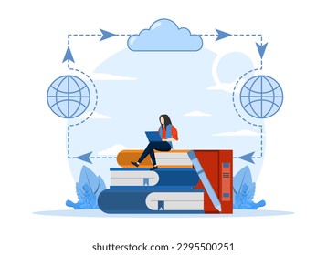 women learn from anywhere with future cloud computing technology. more efficient education with distance learning. vector illustration Designed for websites, web, apps, posters, banners