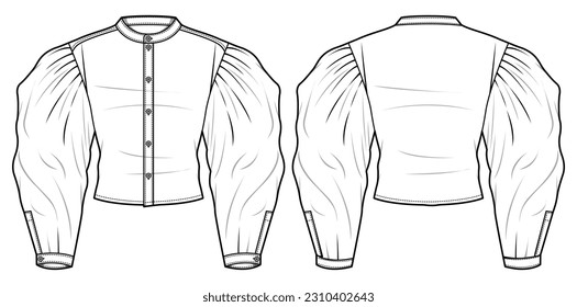 Women Leg of a mutton blouse design flat sketch fashion illustration with front and back view. Button front long sleeve blouse top. Button front shirt blouse cad drawing vector template