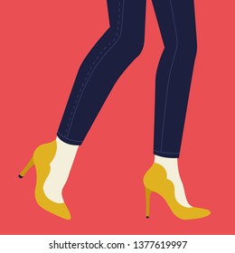 Women legs and feet with stylish colorful footwear (bright shoes). Flat design style. Vector illustration.
