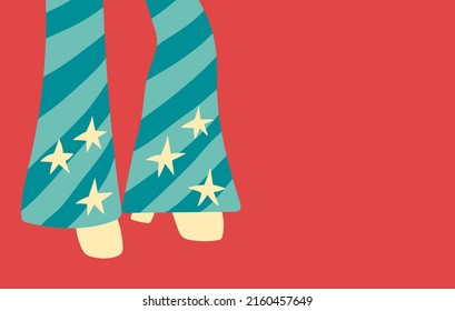 women legs in flared jeans symbolizing usa flag. 70's vibe background with copy space