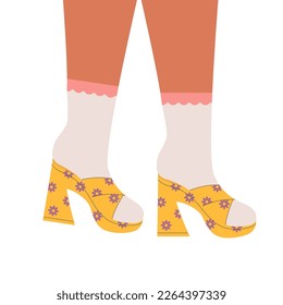 Women legs in high heeled shoes. Pair of female, girls shoes. Stylish footwear, high socks. Retro fashion, old style. Trendy vector illustration.