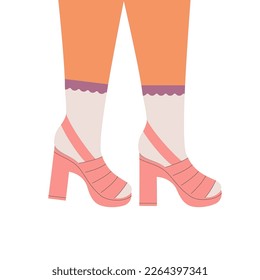 Women legs in high heeled shoes. Pair of female, girls shoes. Stylish footwear, high socks. Retro fashion, old style. Trendy vector illustration.