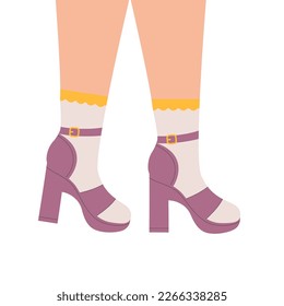 Women legs in high heeled shoes. Pair of female, girls shoes. Stylish footwear, high socks. Retro fashion, old style. Trendy vector illustration.