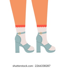 Women legs in high heeled shoes. Pair of female, girls shoes. Stylish footwear, high socks. Retro fashion, old style. Trendy vector illustration.