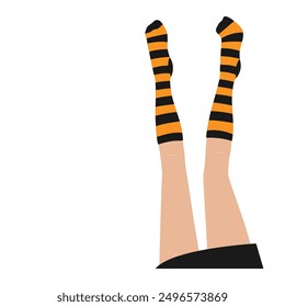 Women legs in striped black and orange socks. October banner for Halloween holiday party. Vector design element