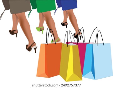 Women legs walking leaving shopping bags on the floor