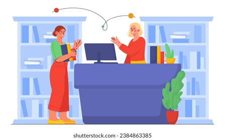 Women in library concept. Young girls near shelves with books. Librarian with client or student. University or school. Knowledge and education. Reading and literature. Cartoon flat vector illustration