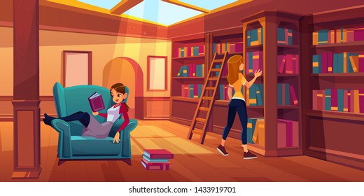 Women in library reading and searching books. Young girls spend time in athenaeum room with bookshelves, ladder, cozy armchair and glass window on roof, literature storage. Cartoon vector illustration