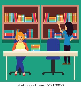 women in a library, working, reading a book. vector illustration