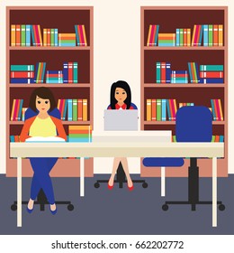 women in a library, working, reading a book. vector illustration