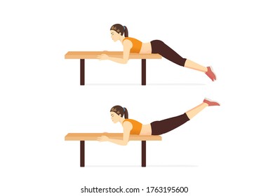 Women lie facedown on a bench and doing workout with Prone Hip Extension pose. Fitness on abdominal and legs with gym equipment.