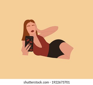 Women lies with a smartphone. Shape or Abstract art. Female portrait for an art exhibition and print templates and  backgrounds. Modern hand drawn. Silhouettes for Social media.