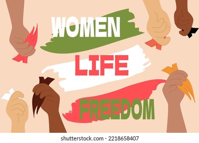 Women life freedom. Hands holding multicolored tuft of cut hair. Conceptual banner of international allyship in defense of iranian women. Brush strokes in colors of iranian flag. Iran protest. Vector.