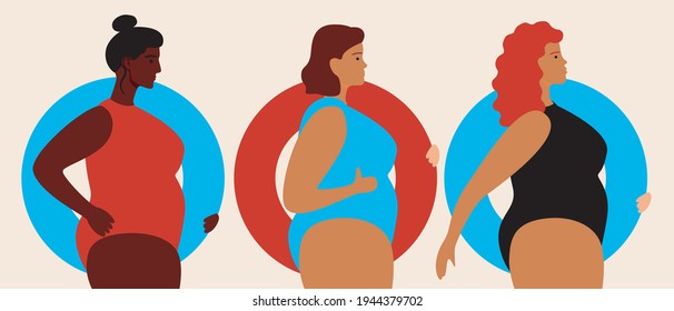 Women With Lifebuoy Isolated. Flat Vector Stock Illustration. Friends Vacation On The Beach. Different Ethnic Group, African Woman. Concept Of Different Beauty. Plus Size Friends. Vector Graphics