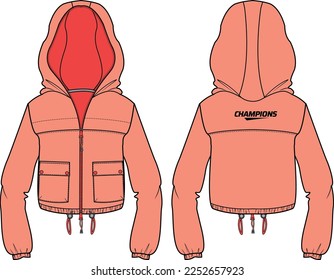 Women Lightweight Windcheater Hoodie jacket design flat sketch Illustration, Hooded windbreaker utility jacket with front and back view, wind jacket for girls and women. winter warm up top.