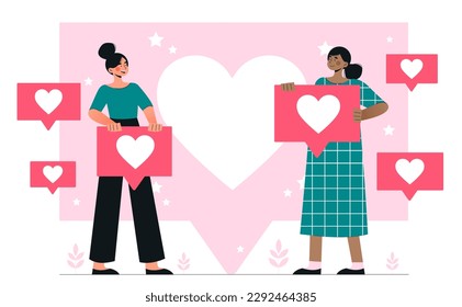 Women with like notifications. Marketing and promotion in social networks and instant messengers, SMM. Love with reactions, emotions and feelings. Cartoon flat vector illustration