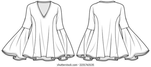 Women a line angel sleeve blouse with v neck details design flat sketch fashion illustration drawing with front and back view