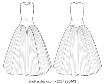 Women A line bridal dress design flat sketch fashion illustration with front and back view, Sleeveless Round neck bridal dress flat sketch cad drawing template. Flared pleated skirt wedding dress svg